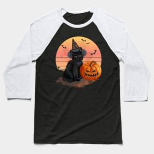 Black Cat With Pumpkin Moon and Bats Halloween Watercolor Painting Baseball T-Shirt